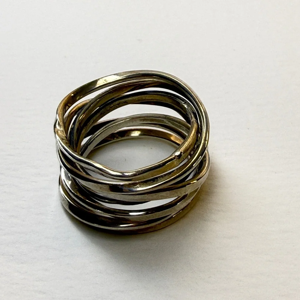 Sterling Silver Multi Band Rolling Ring Hammered Interlocking Stacked Size 6.5